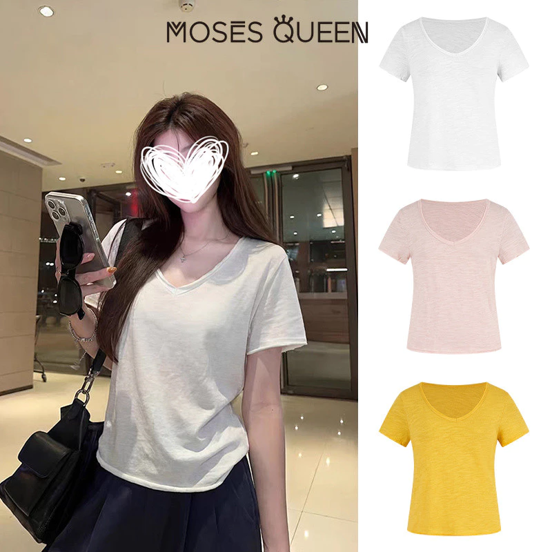 MOSESQUEEN เสื้อยืดระบายอากาศคอวีรีดขอบขี้เกียจและสะดวกสบายสําหรับผู้หญิง - เสื้อเชิ้ตแขนสั้นสีบริสุทธิ์กระชับสัดส่วน #63901