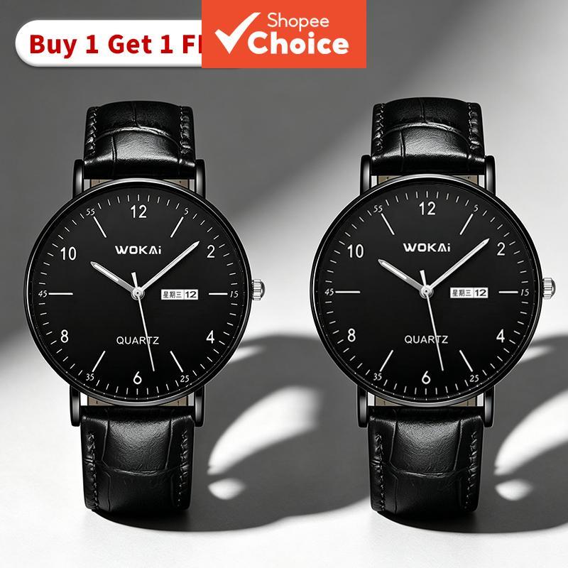 Wokai Mens Silver Gold Dual Quartz Watch Cowhide Strap Simple นาฬิกาข้อมือชุดของขวัญ