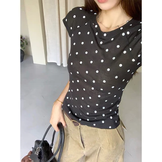<Moses Queen> เสื้อยืดแขนสั้นลายจุด ครอป โปร่งเล็กน้อย บาง ทรงเข้ารูป คอกลม แขนพลิ้วเล็ก