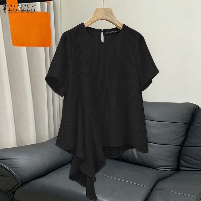 Zanzea ผู้หญิงเกาหลีลําลองไม่สม่ําเสมอ Hem หลวมรอบคอเสื้อแขนสั้น — صورة 5