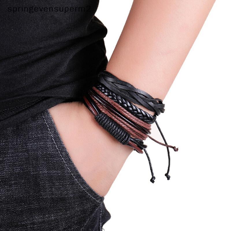 SPGGH 4PCS Mens Handmade หนังถัก Surfer สายรัดข้อมือสร้อยข้อมือกําไลข้อมือ DDC