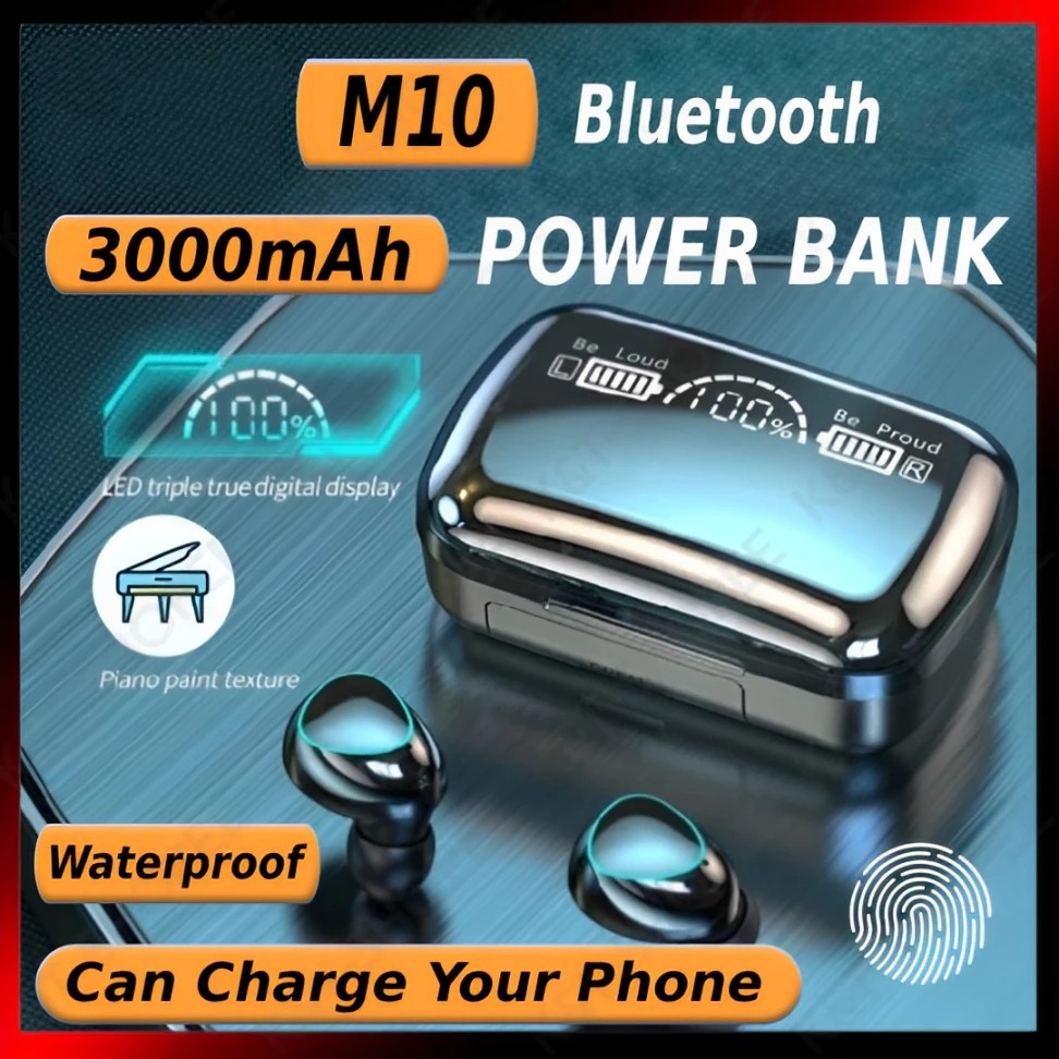 หูฟังไร้สาย TWS M10 หูฟังบลูทูธ 9D เสียงสเตอริโอกีฬาชุดหูฟังสําหรับเล่นเกมไฮไฟจอแสดงผล LED หูฟัง