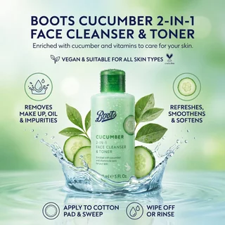Boots Cucumber 2-In-1 Face Cleanser & Toner 150Ml บู๊ทส์ คิวคัมเบอร์ 2-อิน-1 เฟซ คลีนเซอร์ & โทนเนอร์ 150มล.