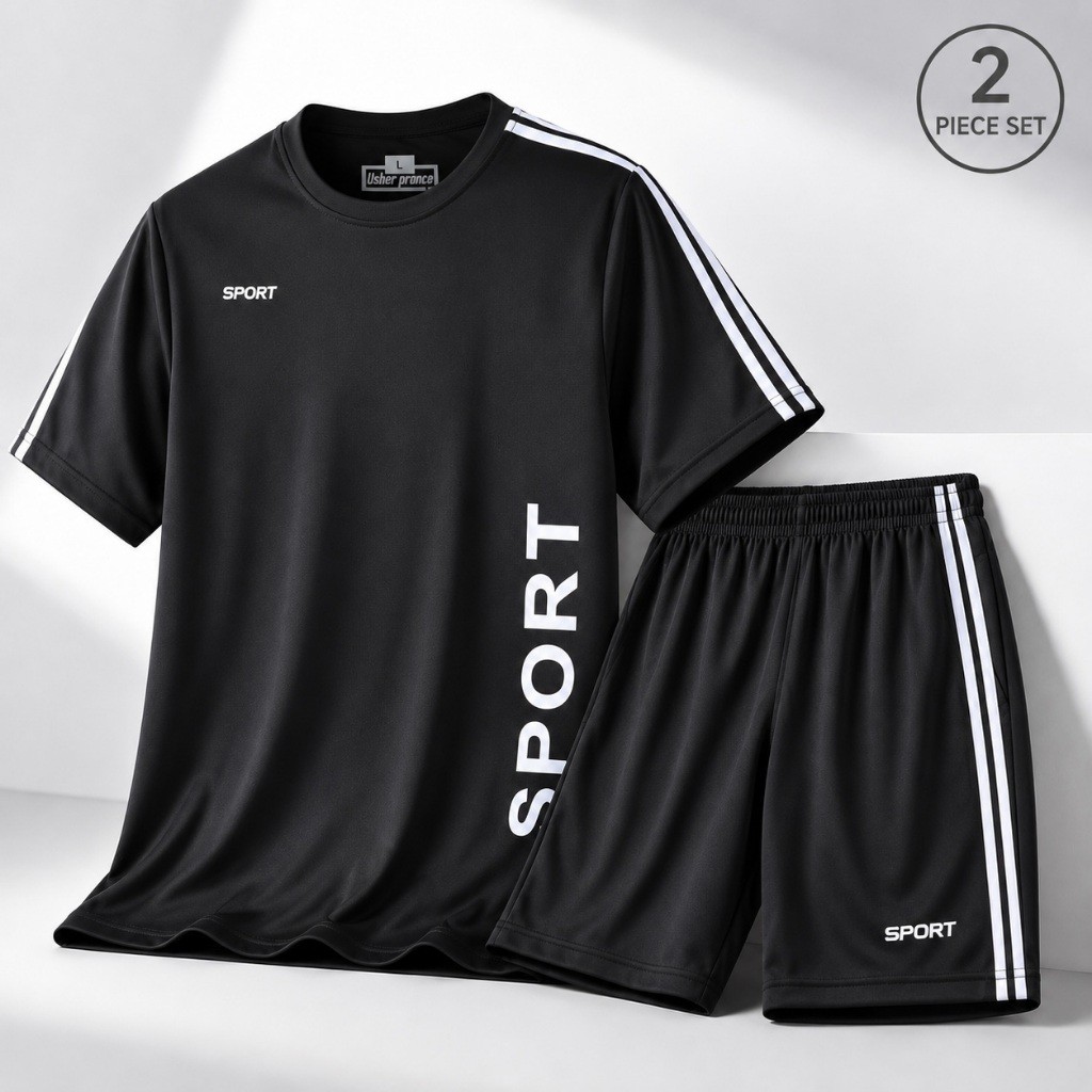 ชุดกีฬา 2 ชิ้น ผู้ชาย เสื้อยืดคอกลมแขนสั้น + กางเกงขาสั้น ลายสปอร์ต ผ้าเบา ระบายอากาศดี