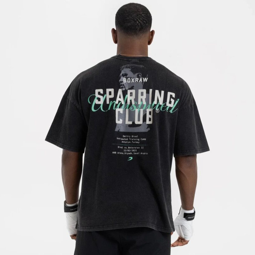 พร้อมส่ง BOXRAW สินค้าขายดี Bivol x Sparring Club Washed T-Shirt Mens Street Heavy High Quality Shor