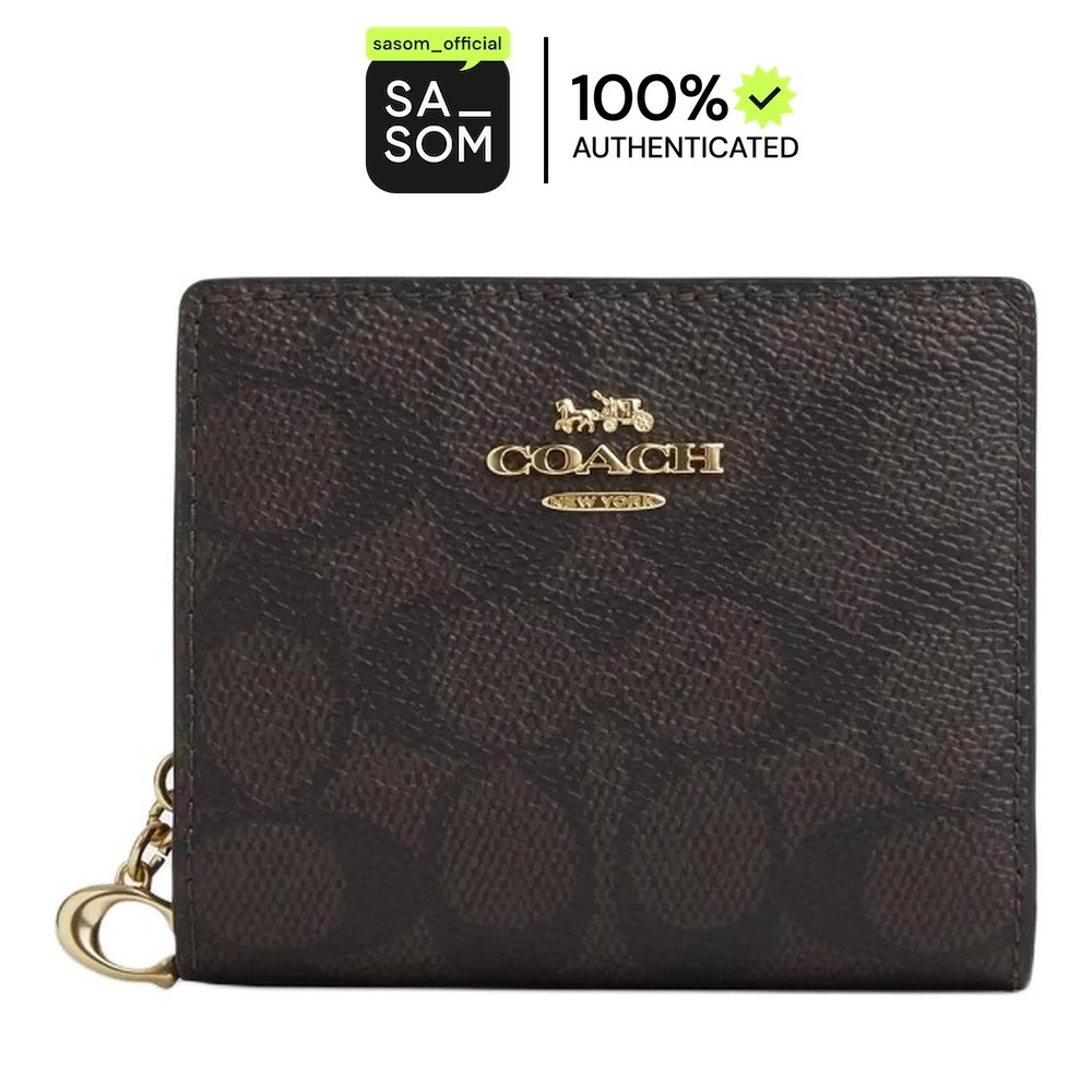 Coach Snap Wallet In Signature Canvas With Gold Hardware Walnut and Black | ของแท้ ตรวจสอบโดย SASOM