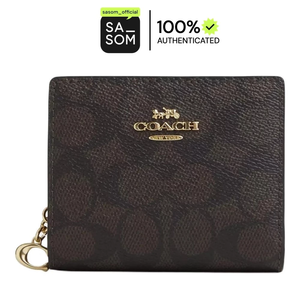 Coach Snap Wallet In Signature Canvas With Gold Hardware Walnut and Black | ของแท้ ตรวจสอบโดย SASOM