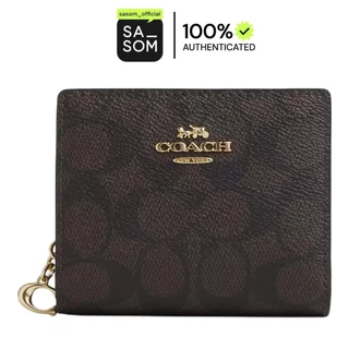 Coach Snap Wallet In Signature Canvas With Gold Hardware Walnut and Black | ของแท้ ตรวจสอบโดย SASOM