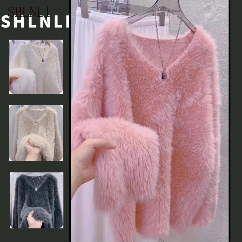 ผู้หญิงสีขาวปุย คลุมเครือ โวลต์ คอเสื้อกันหนาวหลวมขนาดใหญ่วางไหล่นุ่มอบอุ่นแขนยาวลําลองเสื้อสวมหัว