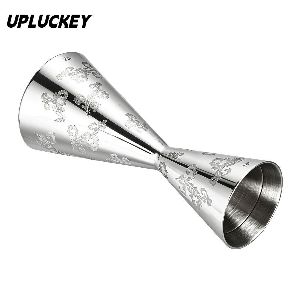 UPLUCKEY Double Head Jigger, สแตนเลสใบลายออกแบบค็อกเทลJigger Cup, Professional 30/60ml Bartending Ji