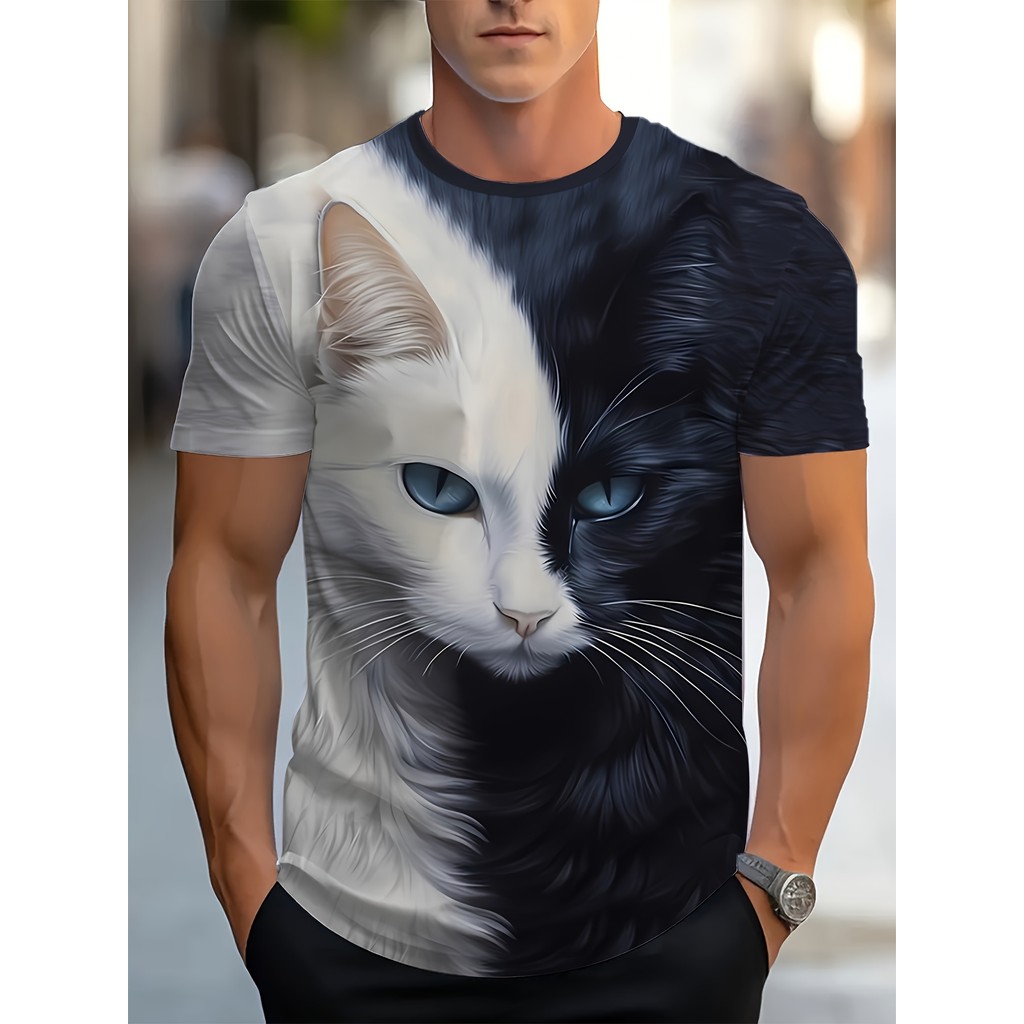 ผู้ชายฤดูร้อน Yin Yang Cat 3D พิมพ์เสื้อยืดแขนสั้น Healing น่ารักสัตว์เลี้ยงสไตล์รอบคอด้านบนที่ไม่ซ้ํากันสไตล์อินเทรนด์ Breathable All-Ma