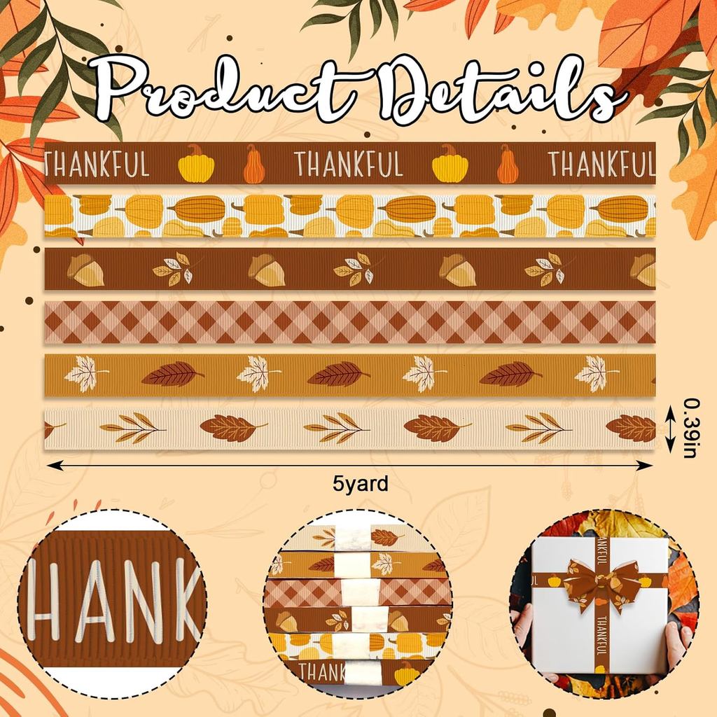 Hying 6 PCS Fall Leaves Ribbons for Crafting, 3/8 "ความกว้างวันขอบคุณพระเจ้า Grosgrain Ribbons สีน้ํ