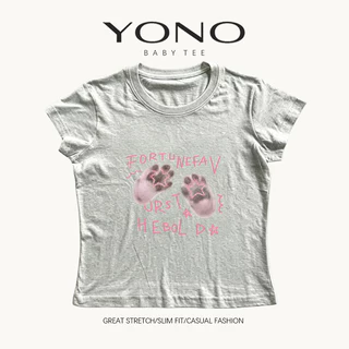 (พร้อมส่ง24ชม.) YONO baby tee สีชมพู ลายอุ้งเท้าสีเทากับดาว ทรงเข้ารูป สไตล์เกาหลี y2k