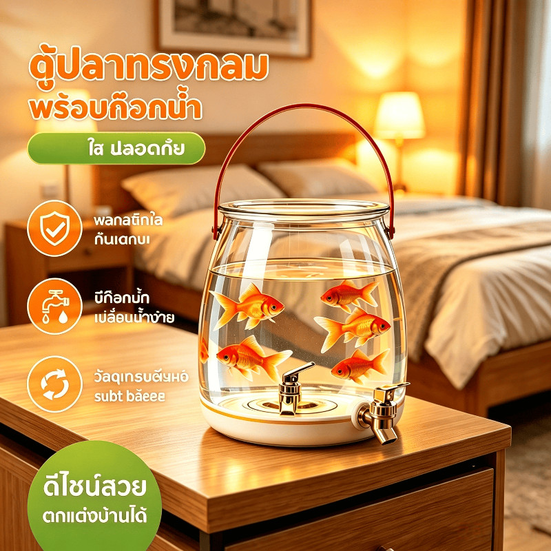 ตู้ปลาทองพลาสติกทรงกลมขนาดเล็ก ตั้งโต๊ะใช้ในบ้าน รุ่นใหม่ ทนทานไม่แตก มาพร้อมก๊อกระบายน้ำ ทำความสะอาดง่าย