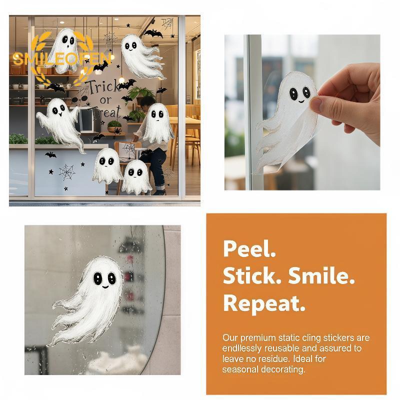 [Smileofen] Halloween Window Clings Dual Side Same Color Ghost Bat Spider No Glue Decals for Coffee 