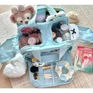 Puffie พร้อมส่ง กระเป๋าเครื่องสำอางผู้หญิงใบใหญ่ เปิดได้ 2 ด้าน นุ่มฟู ใส่อุปกรณ์อาบน้ำ เดินทาง