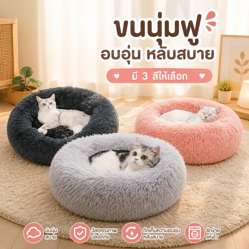 ที่นอนสัตว์เลี้ยง Donut Cat Bed Plush Soft Washable Non Slip Calming Round Cushion Dog Cat Sleeping
