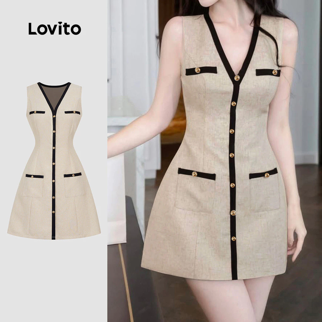 Lovito แคชชวล ชุดเดรสสีบล็อกปุ่มสำหรับผู้หญิง สไตล์ฤดูใบไม้ผลิ/ฤดูร้อน L143ED612