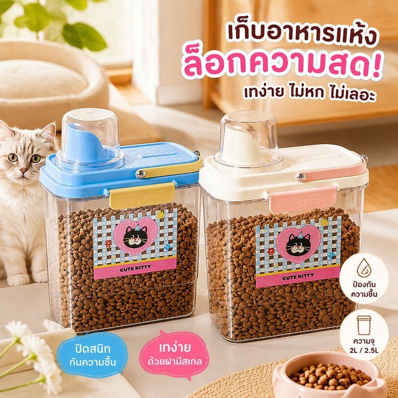 ถังเก็บอาหารสัตว์เลี้ยง กล่องใส่อาหารแมว อาหารสุนัข ฝาปิดล็อคแน่น กันชื้น มีถ้วยตวง 2 ลิตร 2 5 ลิตร