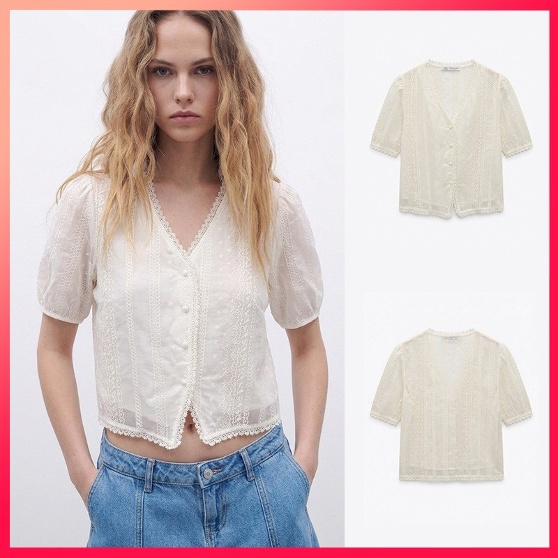 Lanmon ZA ฤดูร้อนใหม่แฟชั่นสตรีอเนกประสงค์คอวีปักเสื้อแขนสั้น