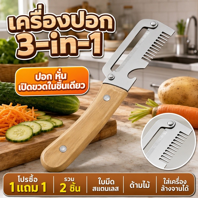 【ซื้อ 1 แถม 1】เครื่องปอกสแตนเลส 3-in-1 สําหรับหั่นและปอกเปลือกสําหรับห้องครัวพร้อมที่จับไม้และที่เปิดขวด