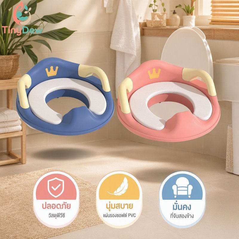 Baby Toilet Seat Trainer Crown Soft PVC Cushion พนักพิง Handle Anti Splash Secure Lock