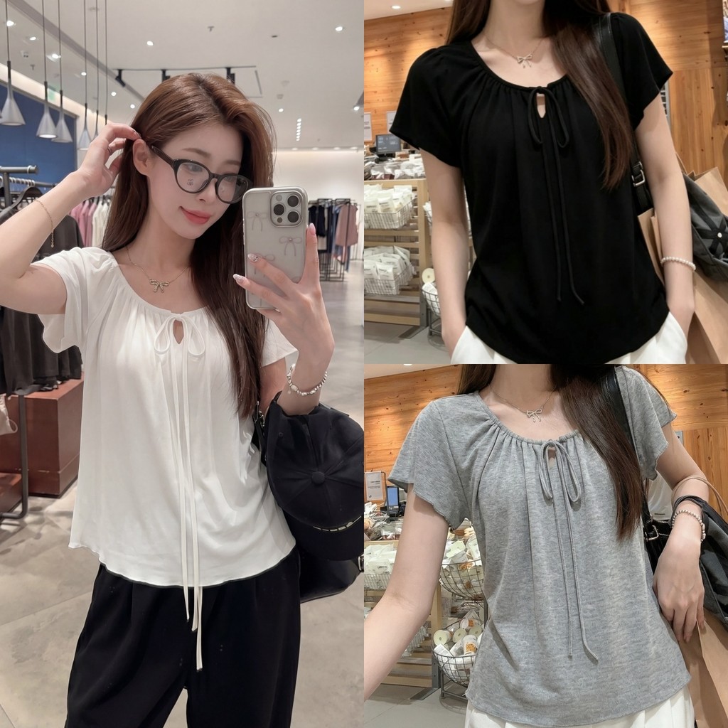 Beryl พร้อมส่ง เสื้อยืดผู้หญิง เสื้อยืดแฟชั่นผู้หญิง ดีไซน์รูรัดเชือกหน้าอก ดีไซน์รอยจีบคอ สไตล์เกาหลี