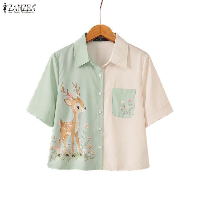 ZANZEA ผู้หญิงเกาหลีหวาน Pastoral Turn-Down-Collar แขนสั้นการ์ตูนกวางพิมพ์ Contrast สีเสื้อ — صورة 6