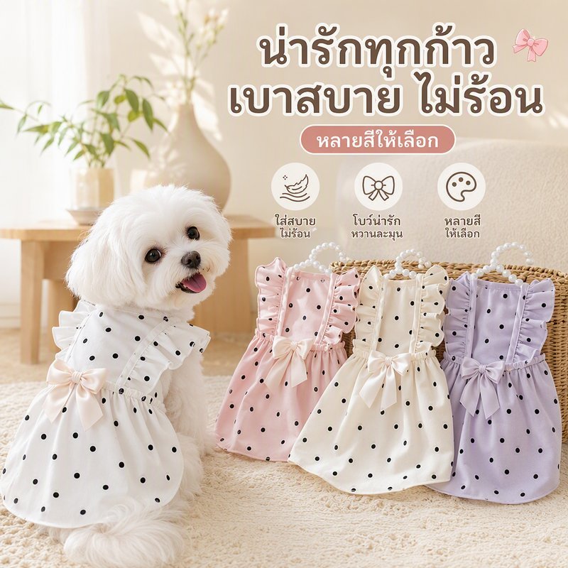 ชุดเดรสสัตว์เลี้ยง เสื้อสุนัข เสื้อแมว กระโปรง โบว์น่ารัก ผ้านุ่ม ระบายอากาศ สำหรับหน้าร้อน