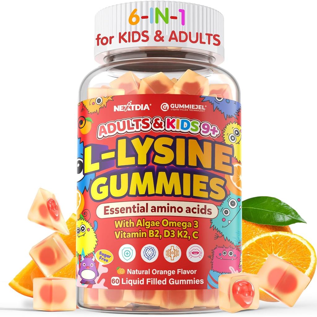 L-Lysine Gummies 500/1000mg with Algae Omega 3, D3, K2, C for Kids 9+, Teen & Adult, Lysine plement 