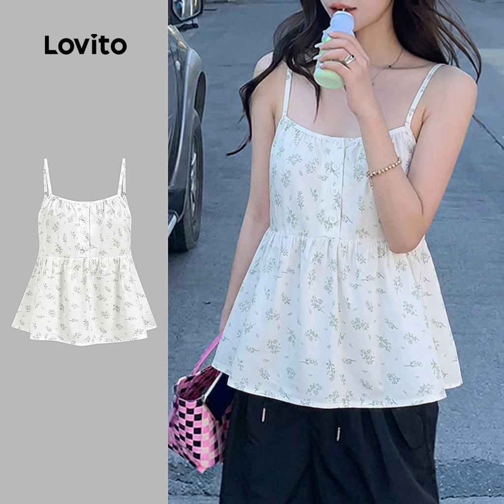 (New Arrival) Lovito เสื้อลําลองสบาย ๆ สไตล์เรียบง่าย สําหรับฤดูใบไม้ผลิและฤดูร้อนของผู้หญิง เกาหลี อินเทรนด์ L197AD1060