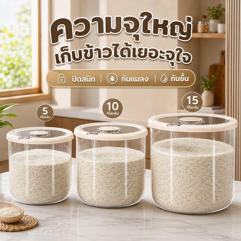 ถังข้าวสาร กล่องเก็บข้าวสาร พลาสติก PP ป้องกันแมลง กันชื้น ถังเก็บอาหารแห้ง 5 10 15