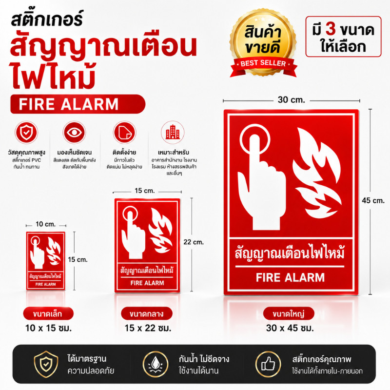 Sticker Mall สติกเกอร์สัญญาณเตือนไฟไหม้  สติกเกอร์ความปลอดภัย จุดกดสัญญาณเตือนไฟไหม้ งานพิมพ์พรีเมียม กันน้ำ ทนแดด