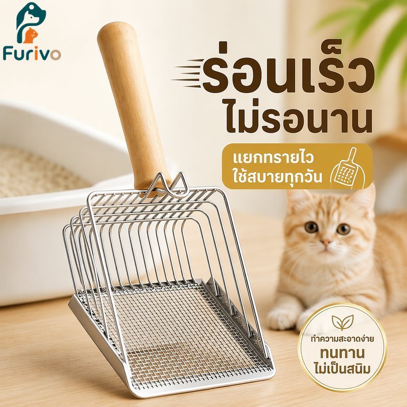 โลหะแมวครอกตักเหล็กร่อน2ใน1ช่องคู่อย่างรวดเร็วร่อนเปียกที่เป็นมิตรด้ามไม้