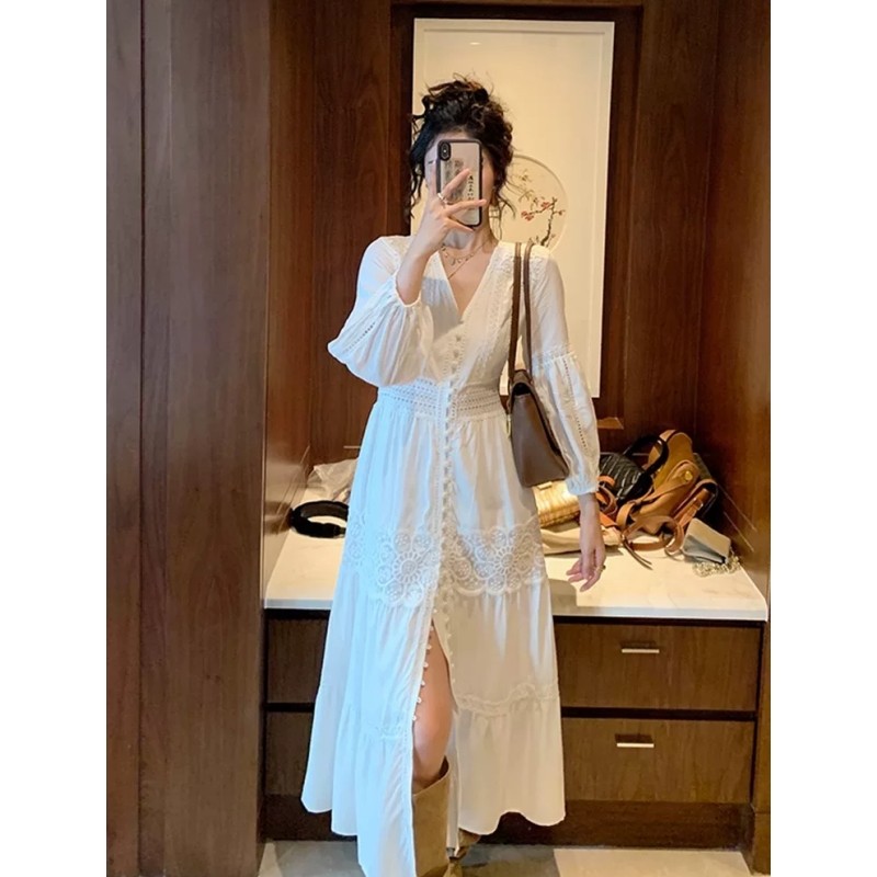S-3XL ผู้หญิงชุดผ้าฝ้ายสีขาว V คอลูกไม้ Flare ยาว Maxi แขนยาว Slim หลวมฤดูใบไม้ผลิฤดูร้อนฤดูใบไม้ร่วง Casual Elegant Beach Sea Holiday โบฮีเมีย