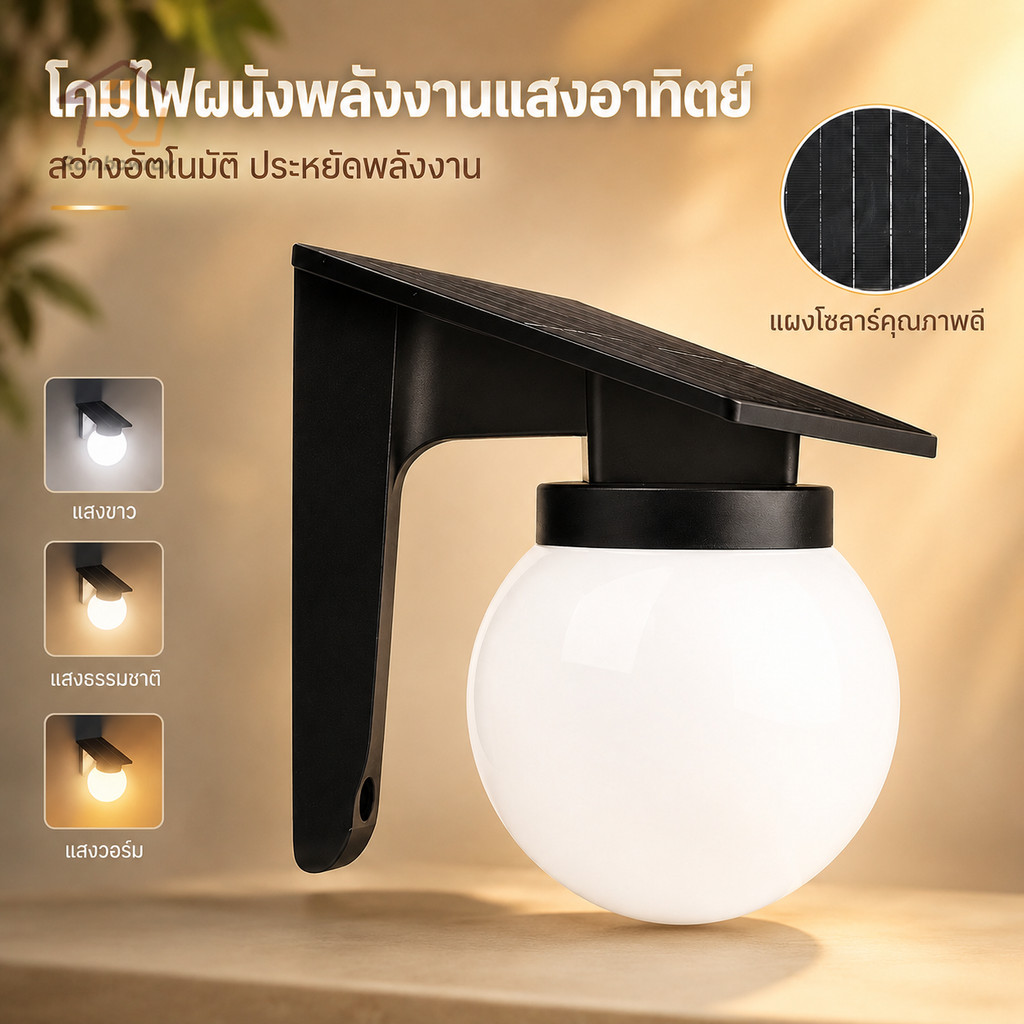 ⚡รุ่นใหม่2026 โคมไฟโซล่าเซลล์ โคมไฟติดผนัง ไฟส่องสว่างในลานบ้าน หลอดไฟทรงกลม เปิดปิดอัตโนมัติ กันน้ำ