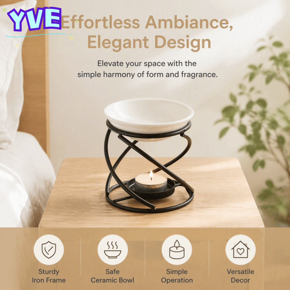 YVE Wax Melt อุ่น, ชามเซรามิกรวม Fast Heat Conduction Essential Oil Burner, ตกแต่งโลหะ 3.94x3.86in ส