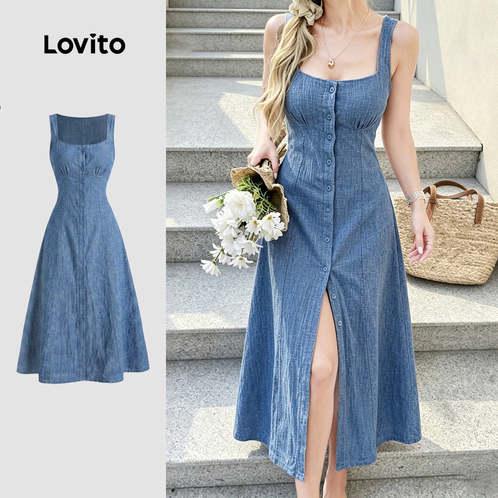 (New Arrival) Lovito เดรสผู้หญิงสีฟ้าอ่อน แต่งกระดุมด้านหน้าและชายกระโปรงระบาย สไตล์ฤดูใบไม้ผลิ/ฤดูร้อน เดรสเที่ยวเขา LK7ED1409