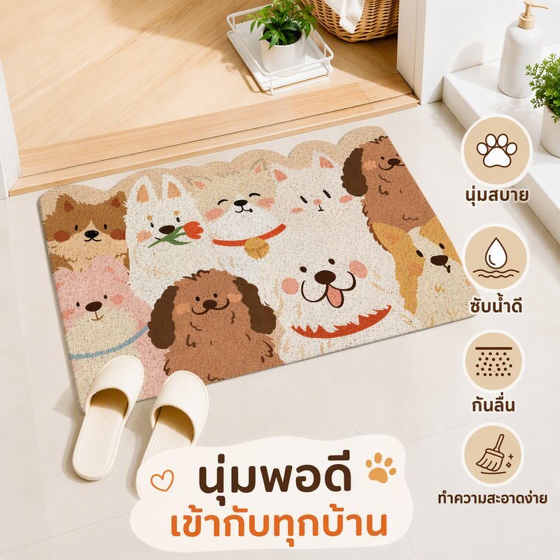 พรมเช็ดเท้าหน้าประตู ใยห่วงปัดฝุ่น ฐานยางกันลื่น ลายแมวลายหมา ตัดขนาดได้ ซักง่าย 40x60 50x80