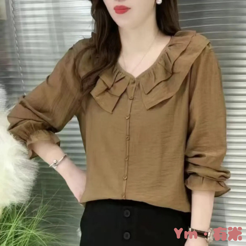 Ym _ Ym _ สไตล์ใหม่รอบคอลูกไม้ฤดูใบไม้ร่วงสีทึบ Slimmer ดูแขนยาว All-Match แฟชั่น Drawstring Classy 