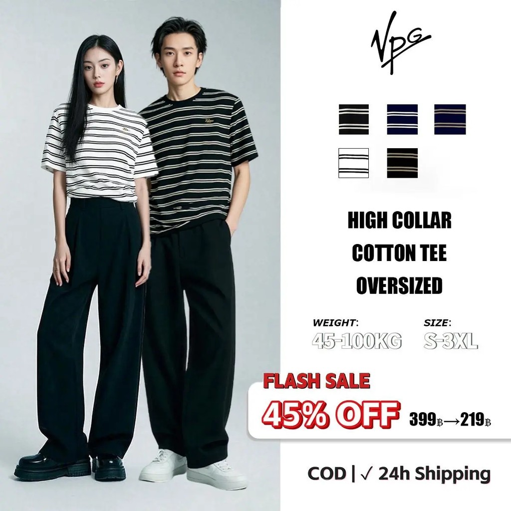 VPG เสื้อยืดผ้าฝ้าย Heavyweight, สำหรับผู้ชาย, การออกแบบลายทางคลาสสิก, เสื้อยืดคอปกเสริมระดับพรีเมีย