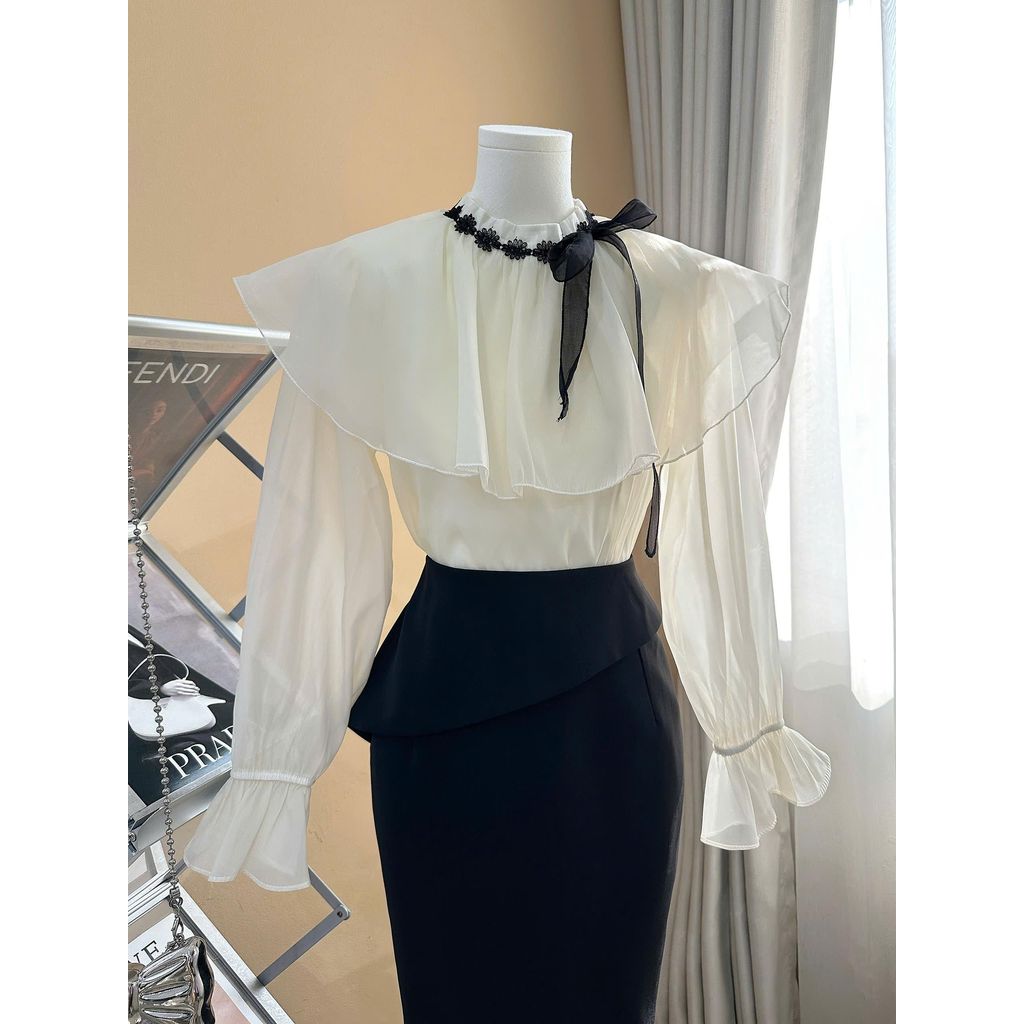 เสื้อเชิ้ตแขนยาวคอปกผูกโบว์ลูกไม้ - A2993 Kymie