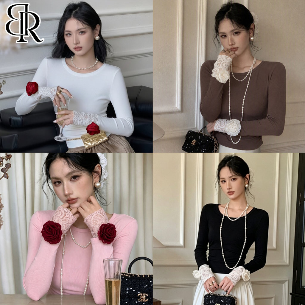 B&R พร้อมส่ง Camellia Top เสื้อยืดดอกคามิเลีย เสื้อแขนยาว ทรงเข้ารูป ผ้าถัก ปลายแขนลูกไม้แต่งดอกคามิเลีย