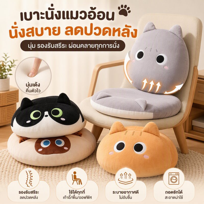 COD เบาะรองนั่ง หมอนรองหลังรูปแมว ช่วยลดอาการปวดหลังและเมื่อยล้า ใช้ได้ทั้งบนเก้าอี้ พื้น ออฟฟิศ