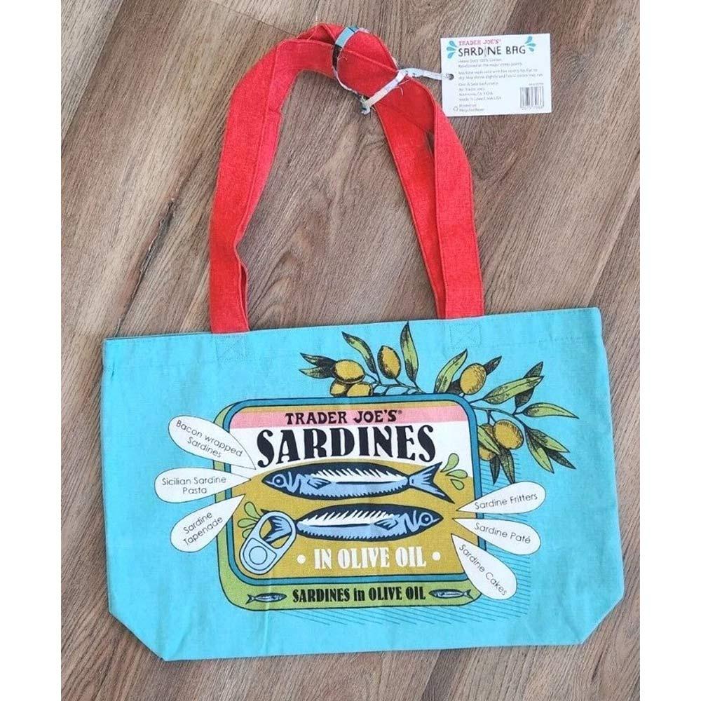 Trader Joe's Sardine Toast Canvas Tote Bag Vivid Fish‑Pattern Hand‑held Bag For Errands Outdoor Comm