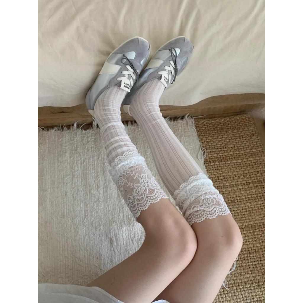 Pure Desire Girly Feel Summer Soft Matte White Lace Over-the-Knee Socks Spring Summer Thin Style miu