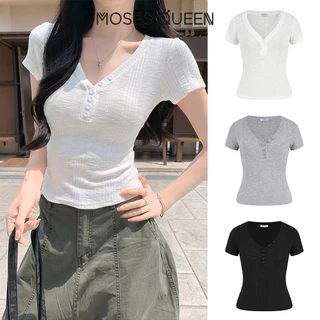 MOSESQUEEN โมเสส ราชินี โดปามีน เสื้อยืดคอวีแขนสั้นผ้าถักสําหรับผู้หญิงในฤดูร้อนรูปแบบใหม่สลิมฟิตทําให้แบน ๆ มีกระดุมดีไซน์อเนกประสงค์และด้านบนมีสไตล #63902