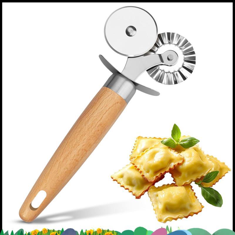 Super Fluted Pastry Cutter ล้อคู่ Ravioli เครื่องตัดเครื่องมือไม้ Handle-สําหรับเครื่องตัดพาสต้าล้อส