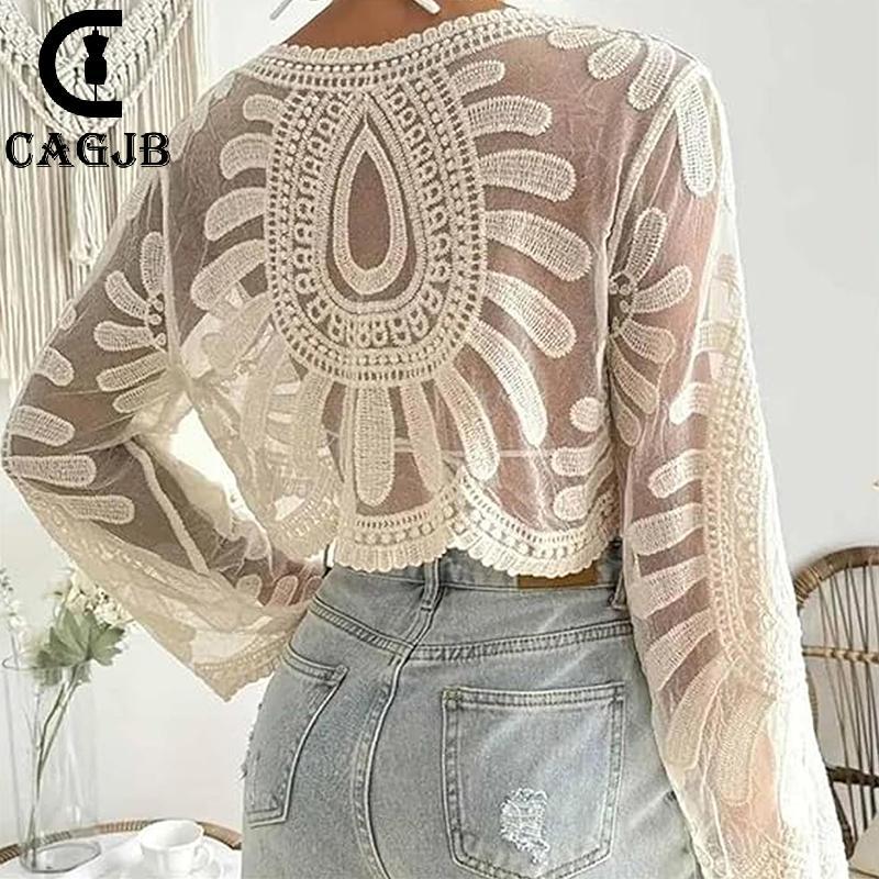 [CAGJB] ผู้หญิงดอกไม้ปัก Semi-Sheer Cover Up แขนยาวรอบคอ Boho Lace Top สําหรับผู้หญิง Sheer Beach Co