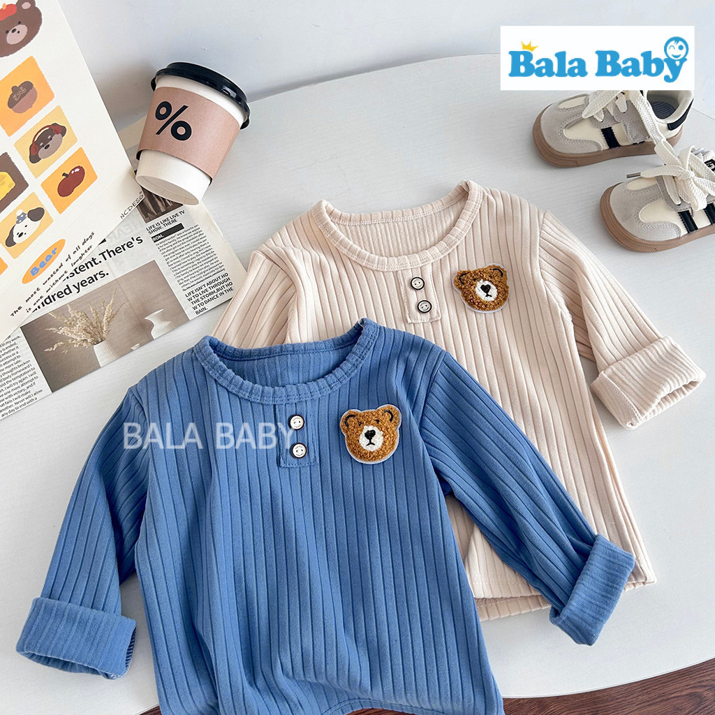 เสื้อยืดแขนยาว เสื้อแขนยาวเด็ก ผ้าร่องคุณภาพดี สีพื้นลายหมี Size80-120cm CX41 รูปที่ 9